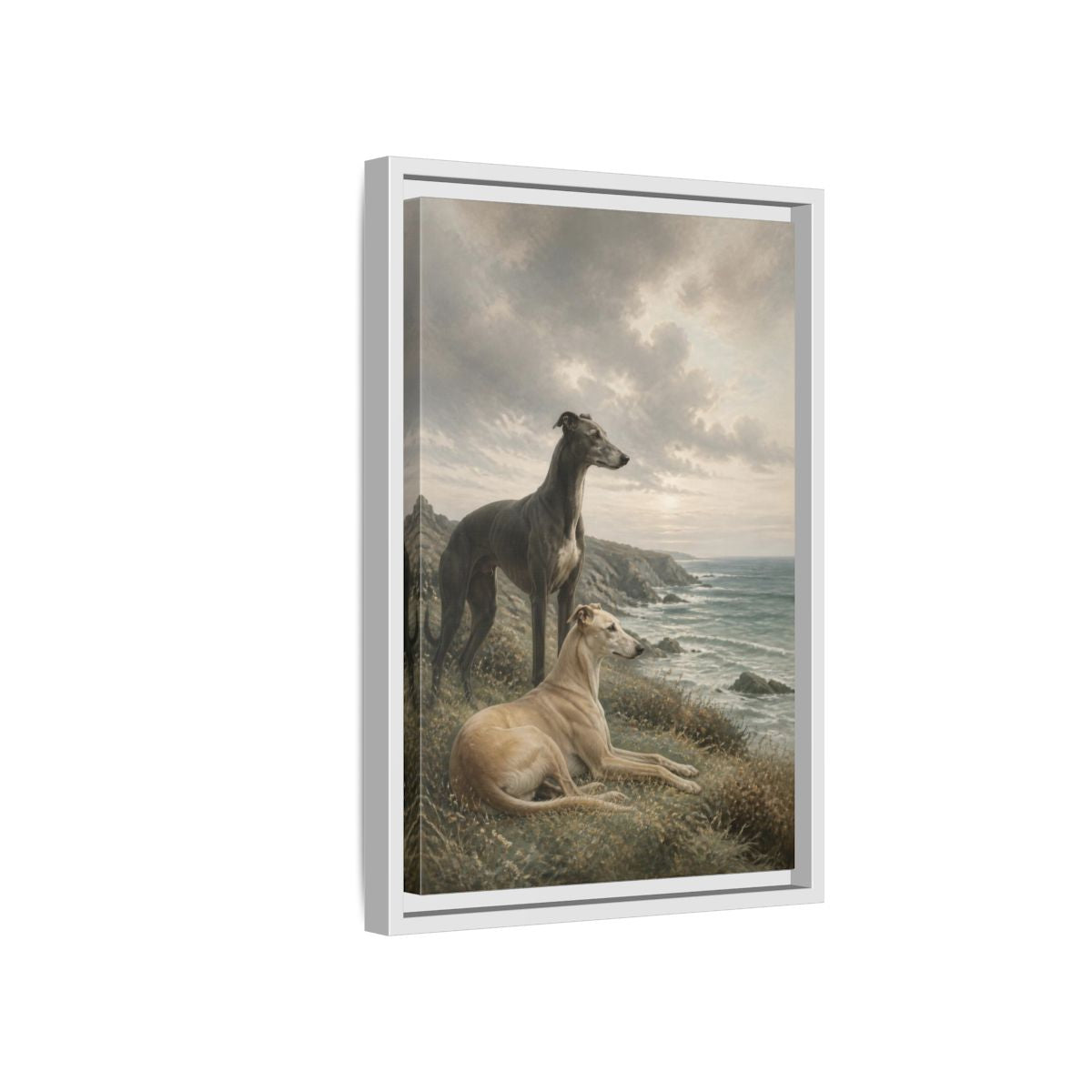Side Mockup 4. Coastal Greyhound Pets shown as framed canvas print