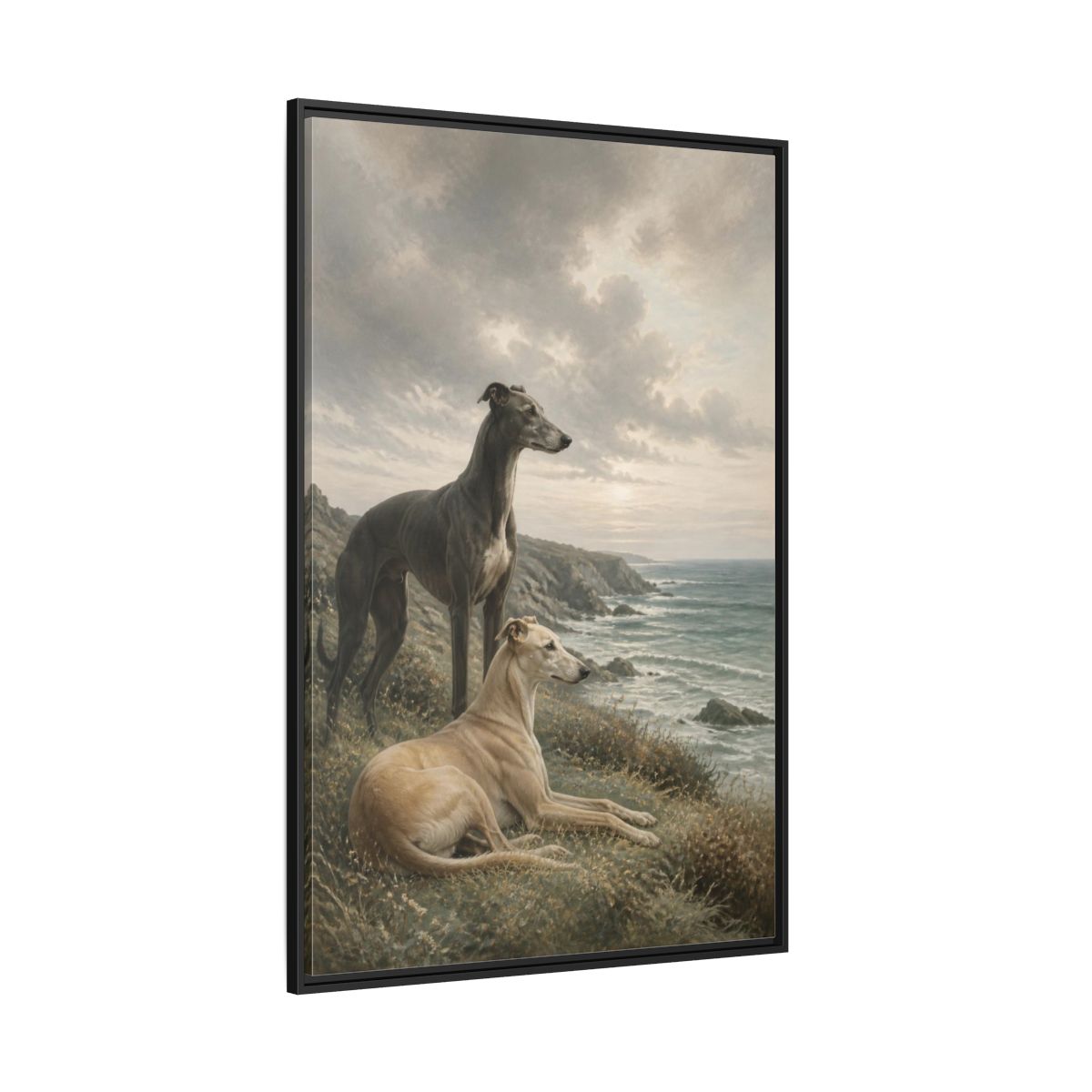 Side Mockup 12. Coastal Greyhound Pets shown as framed canvas print