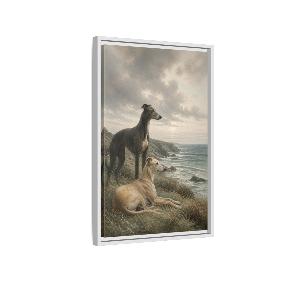 Side Mockup 1. Coastal Greyhound Pets shown as framed canvas print