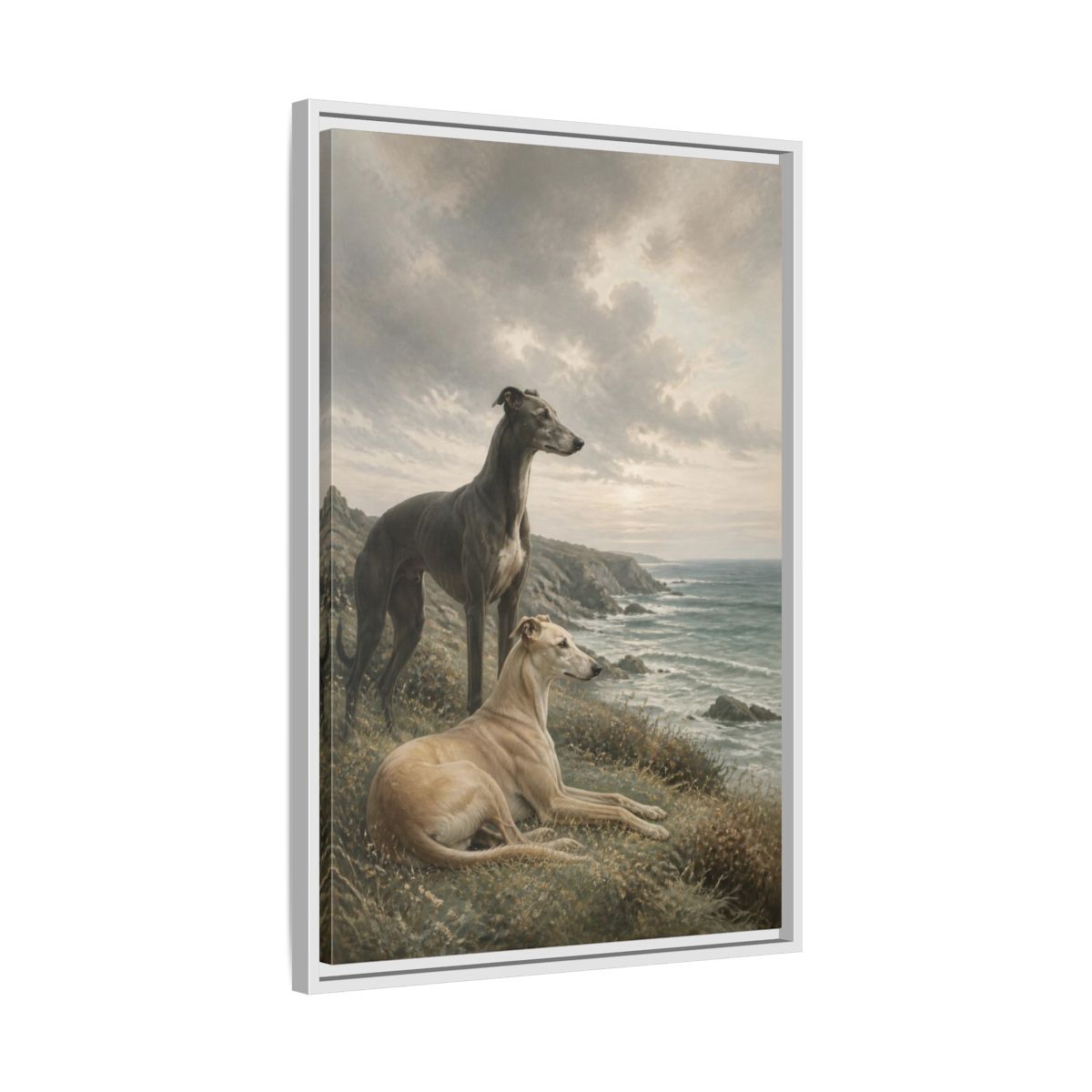 Side Mockup 10. Coastal Greyhound Pets shown as framed canvas print