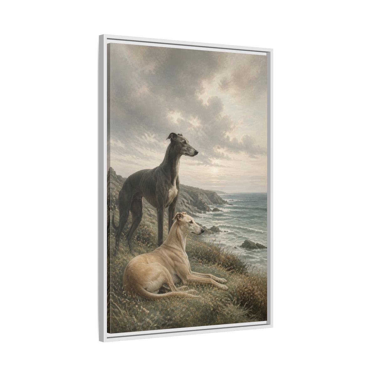Side Mockup 9. Coastal Greyhound Pets shown as framed canvas print