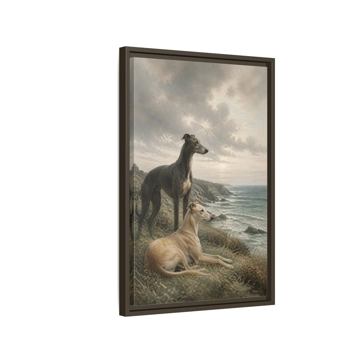 Side Mockup 2. Coastal Greyhound Pets shown as framed canvas print