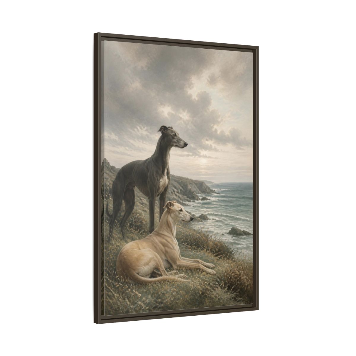 Main Mockup. Coastal Greyhound Pets shown as framed canvas print