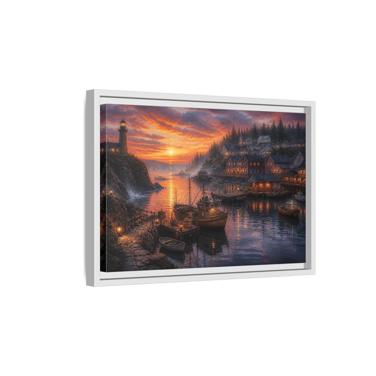 Side Mockup 4. Coastal Harbor Landscape shown as framed canvas print