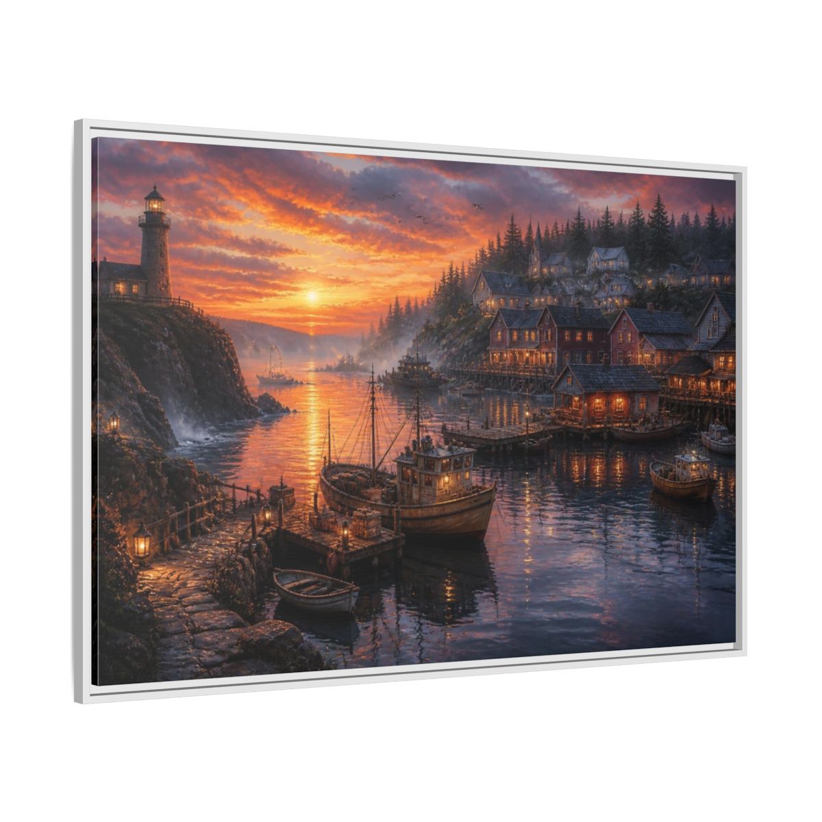Side Mockup 7. Coastal Harbor Landscape shown as framed canvas print