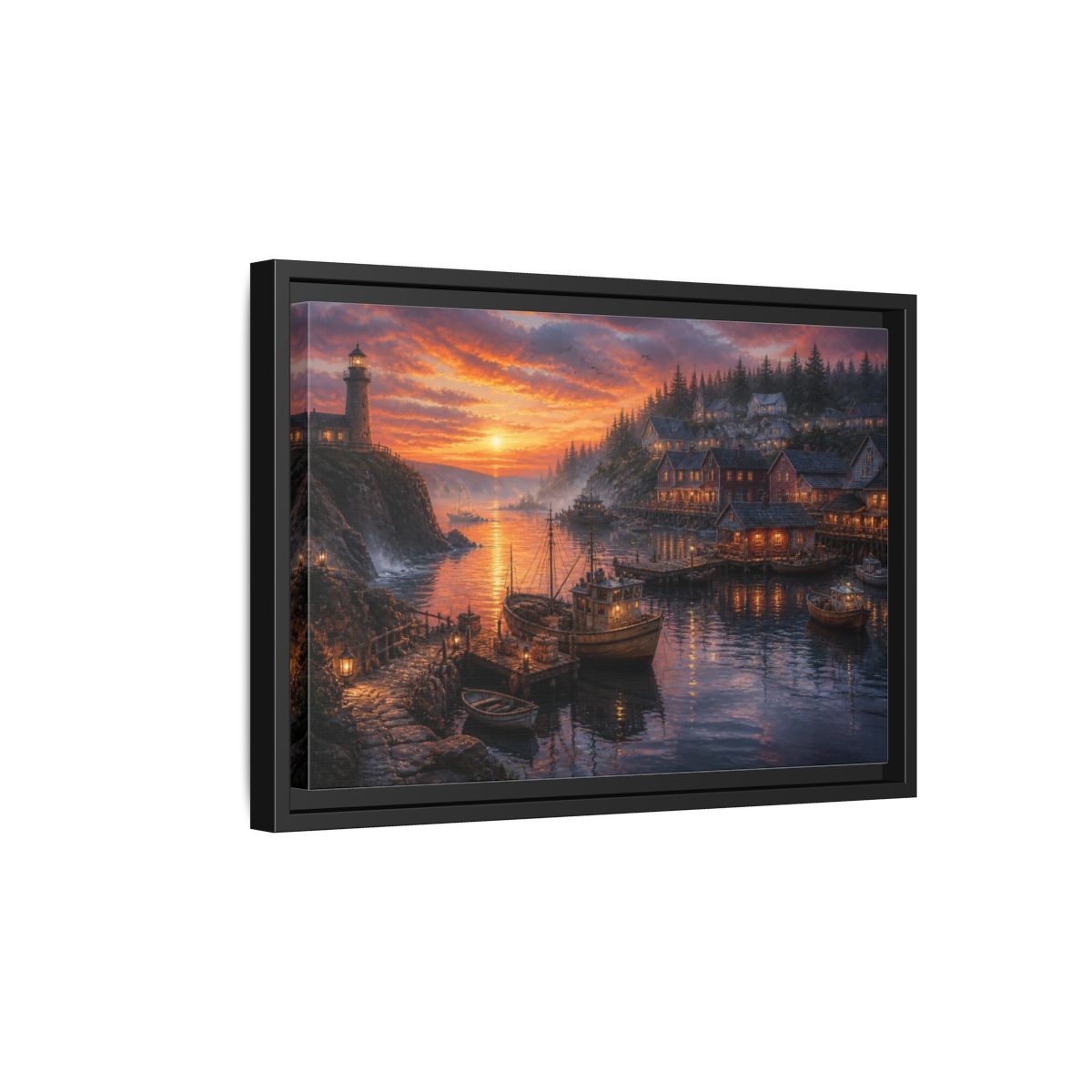 Side Mockup 6. Coastal Harbor Landscape shown as framed canvas print
