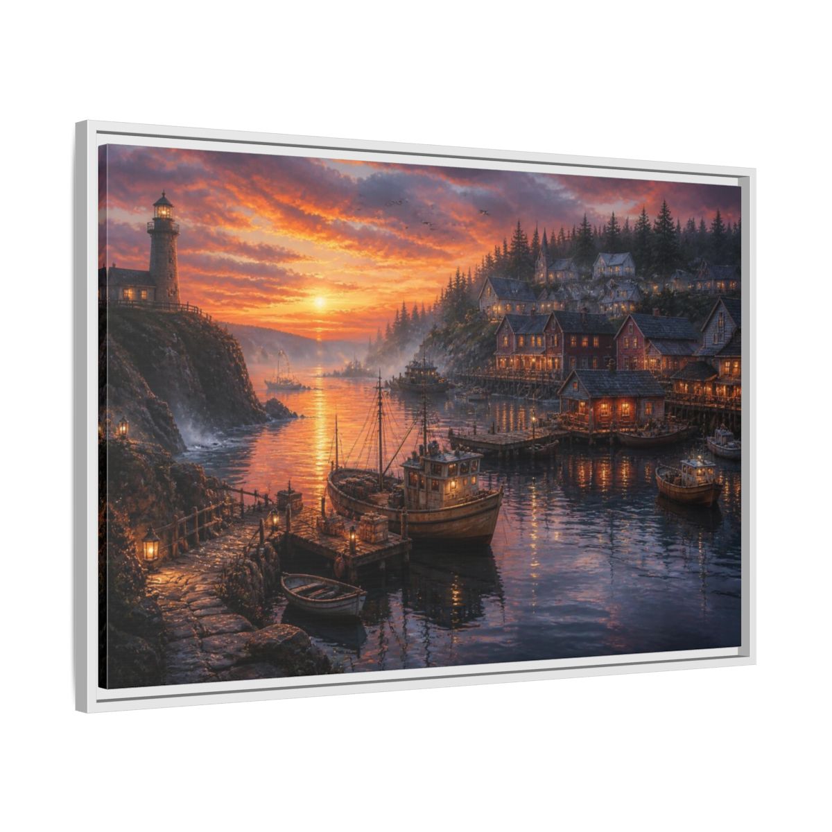 Side Mockup 9. Coastal Harbor Landscape shown as framed canvas print
