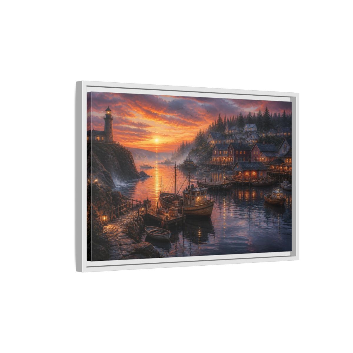 Side Mockup 1. Coastal Harbor Landscape shown as framed canvas print