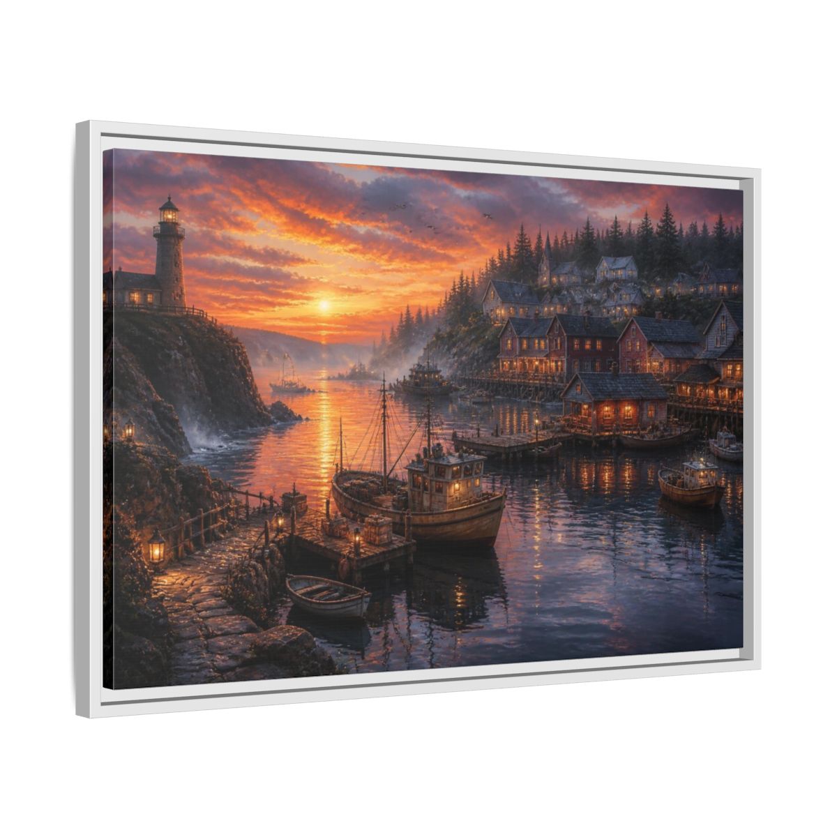 Side Mockup 10. Coastal Harbor Landscape shown as framed canvas print