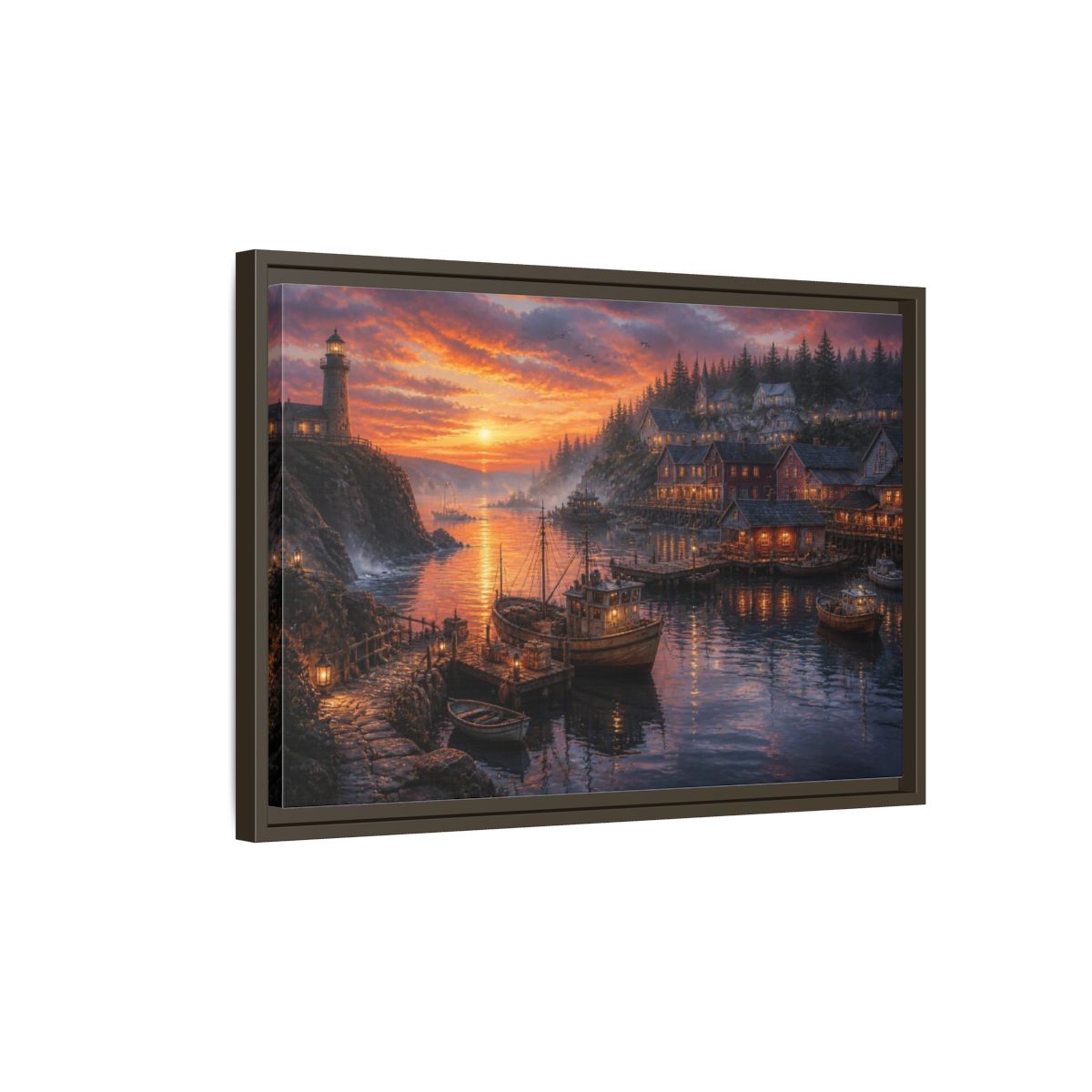 Side Mockup 2. Coastal Harbor Landscape shown as framed canvas print