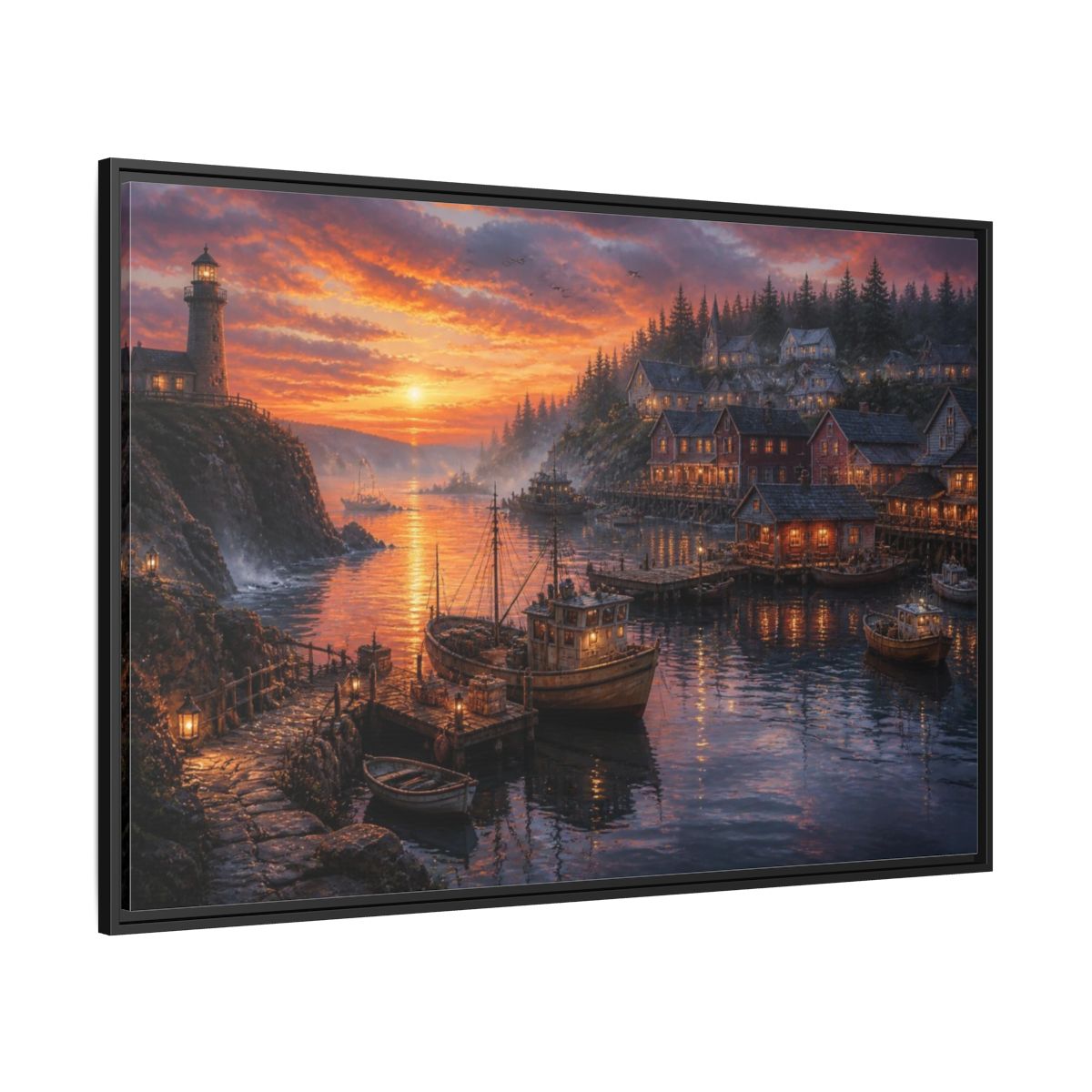 Side Mockup 12. Coastal Harbor Landscape shown as framed canvas print