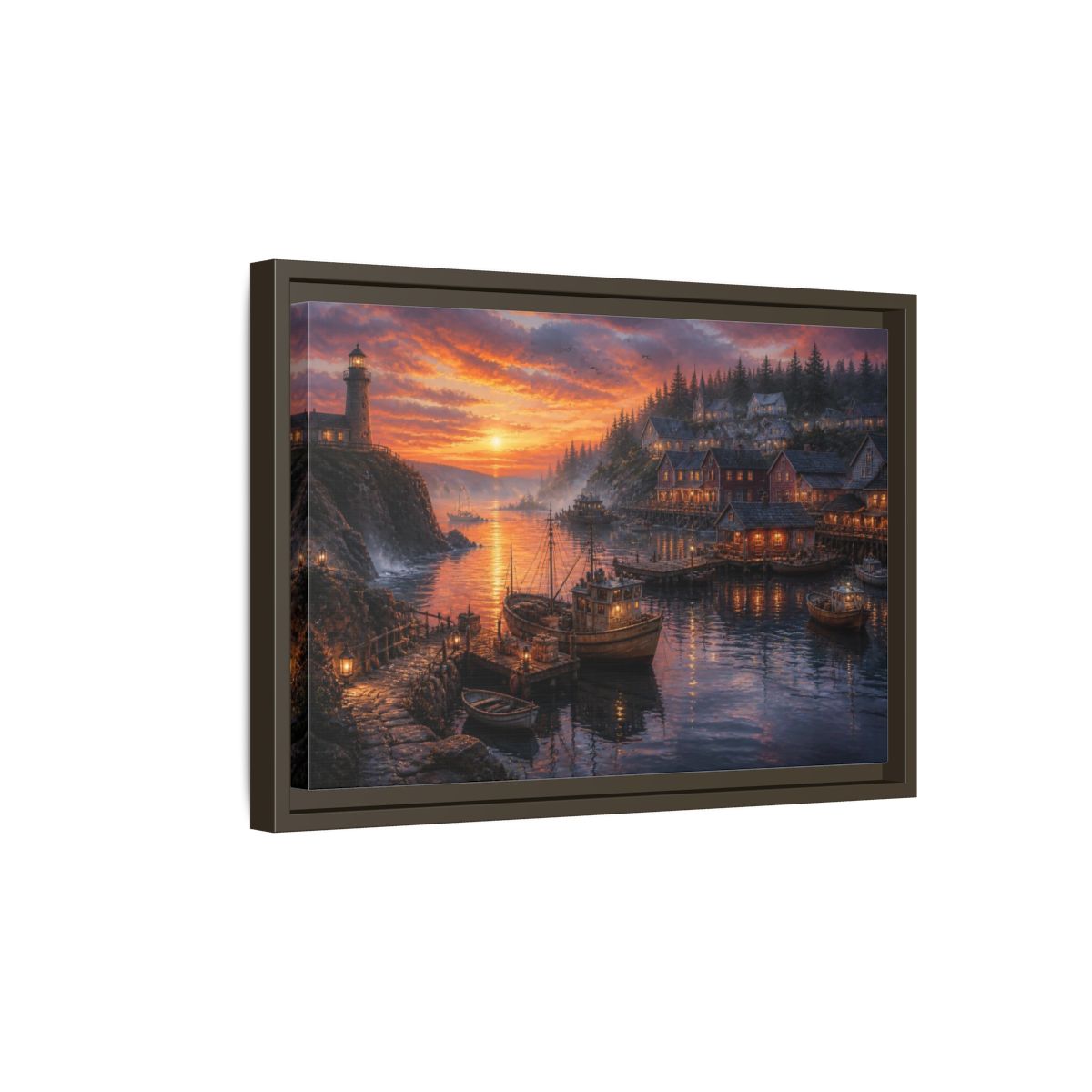 Side Mockup 5. Coastal Harbor Landscape shown as framed canvas print