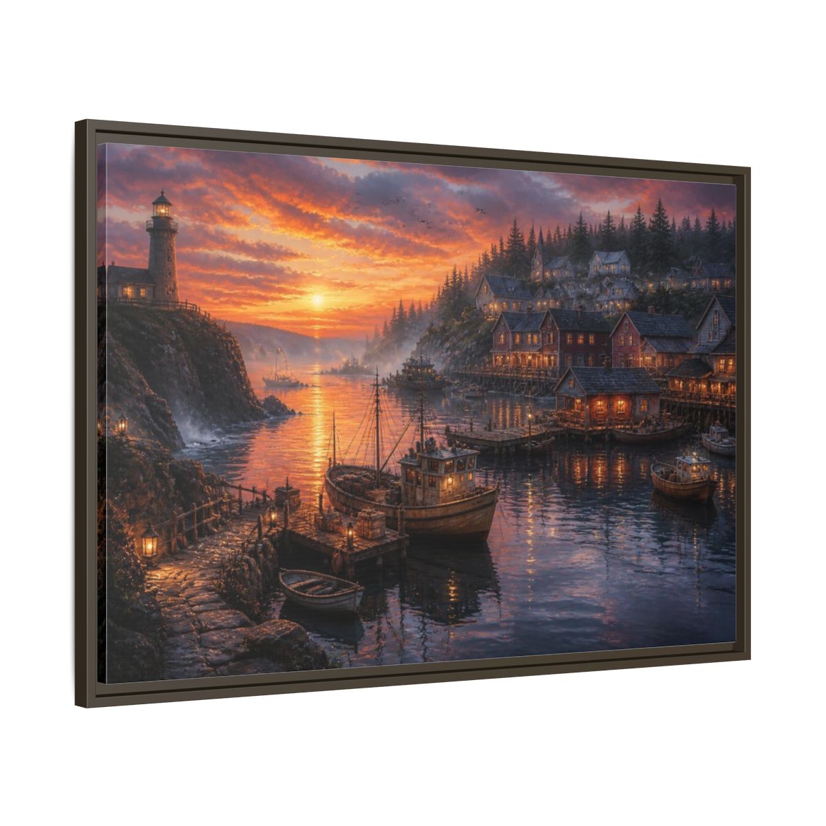 Main Mockup. Coastal Harbor Landscape shown as framed canvas print