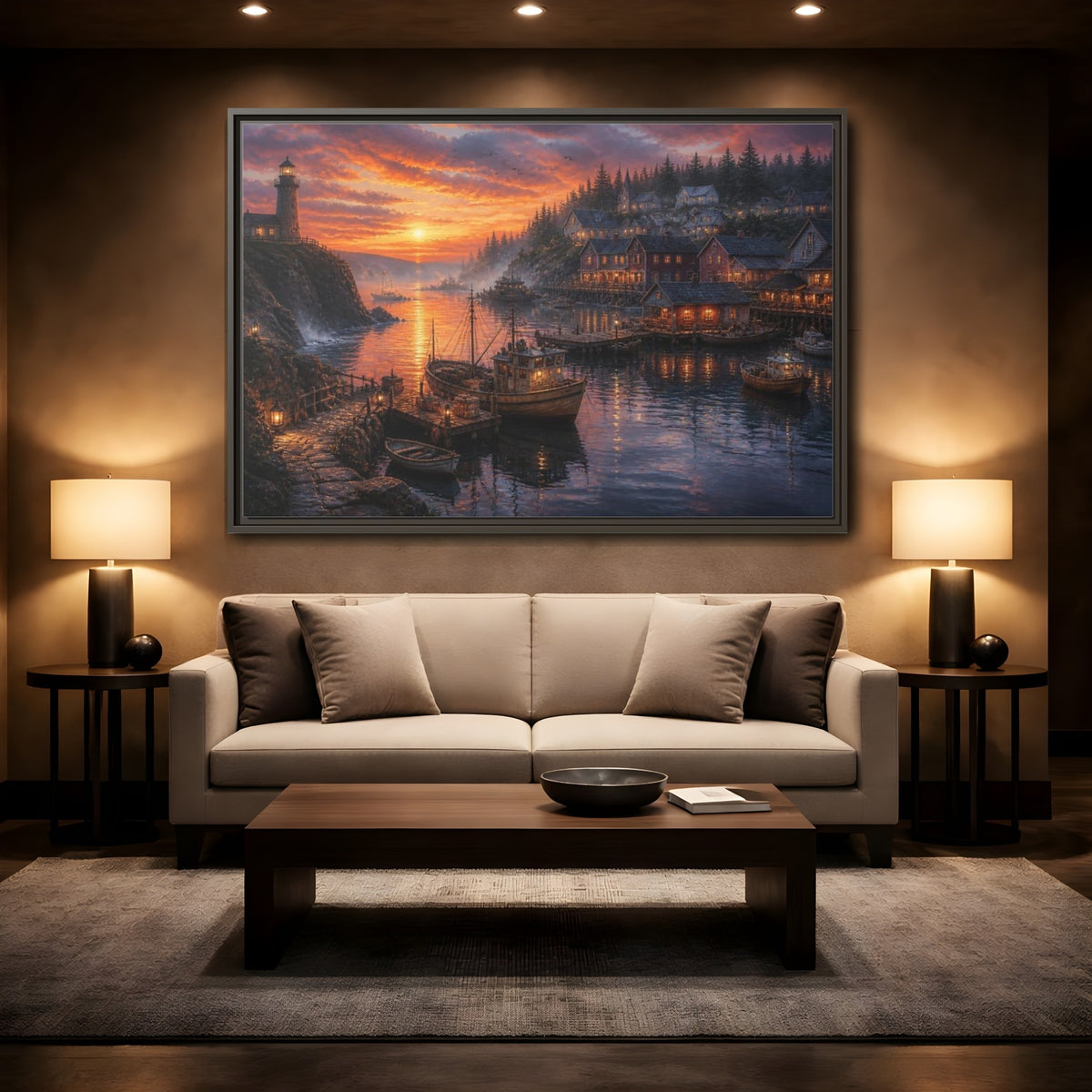 Mockup 2. Coastal Harbor Landscape shown as framed canvas print