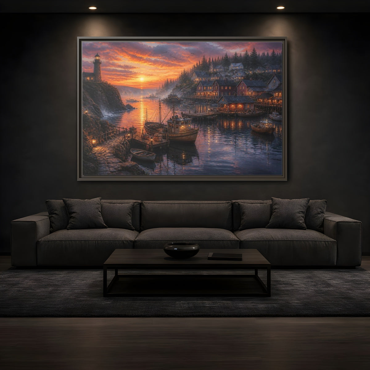 Mockup 3. Coastal Harbor Landscape shown as framed canvas print