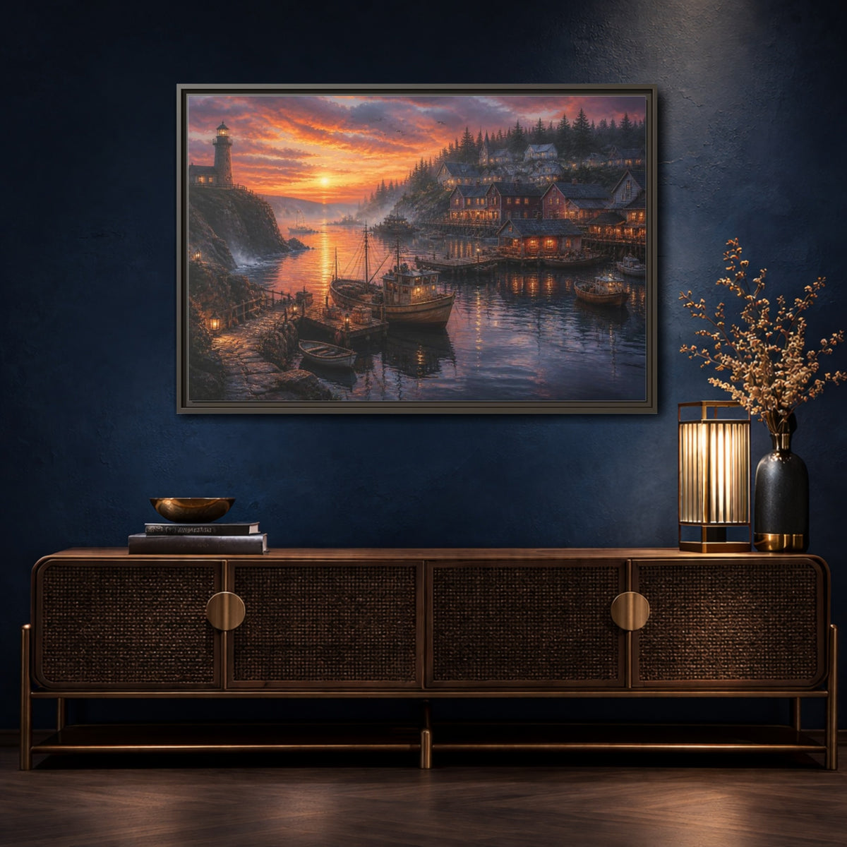 Mockup 4. Coastal Harbor Landscape shown as framed canvas print