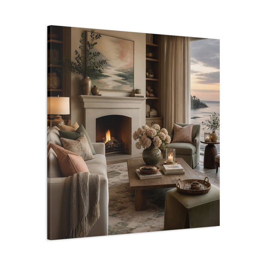 Main Mockup. Coastal Hydrangea Fireplace shown as canvas print