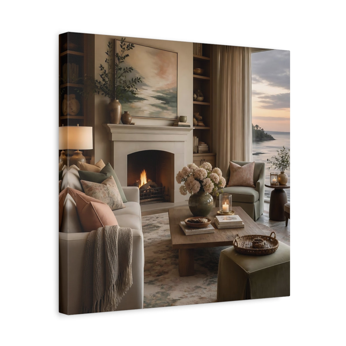 Side Mockup 6. Coastal Hydrangea Fireplace shown as canvas print