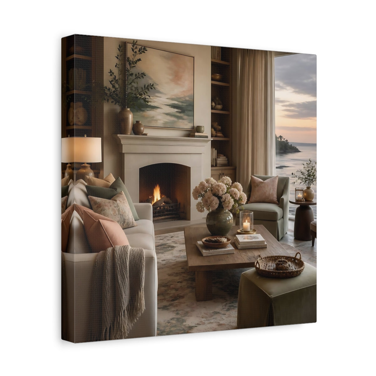 Side Mockup 8. Coastal Hydrangea Fireplace shown as canvas print