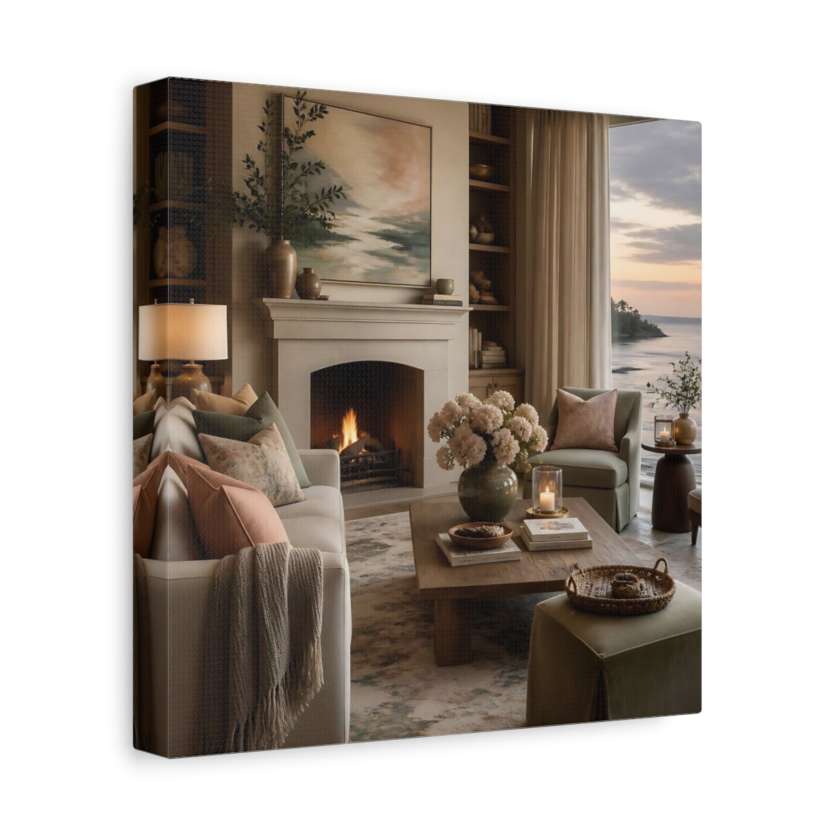 Side Mockup 9. Coastal Hydrangea Fireplace shown as canvas print
