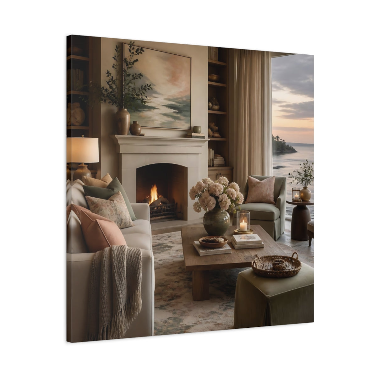 Side Mockup 3. Coastal Hydrangea Fireplace shown as canvas print