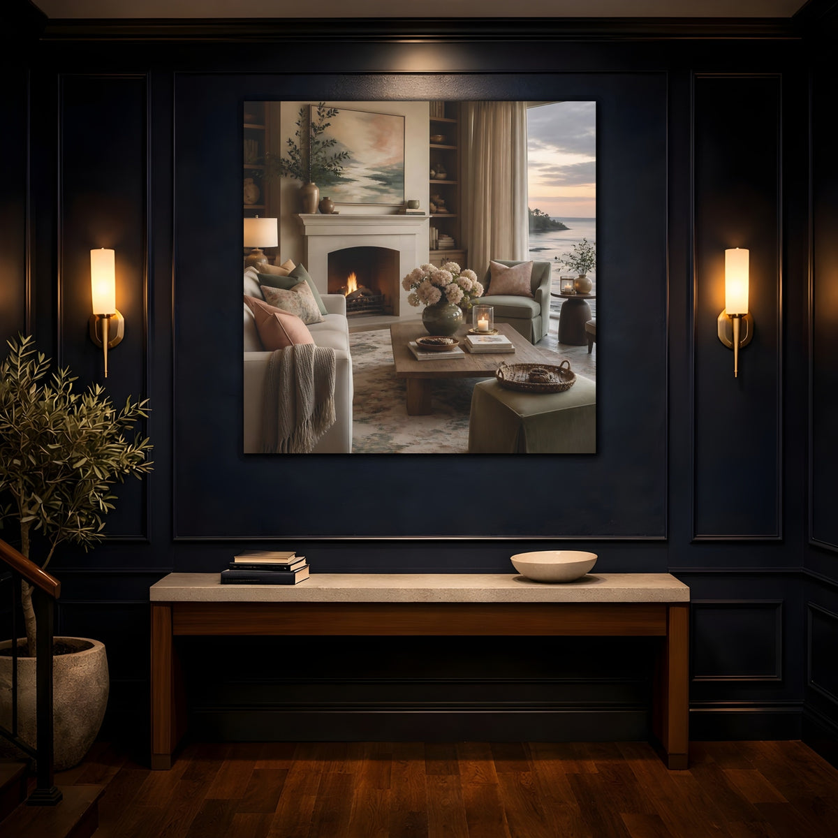 Mockup 4. Coastal Hydrangea Fireplace shown as canvas print