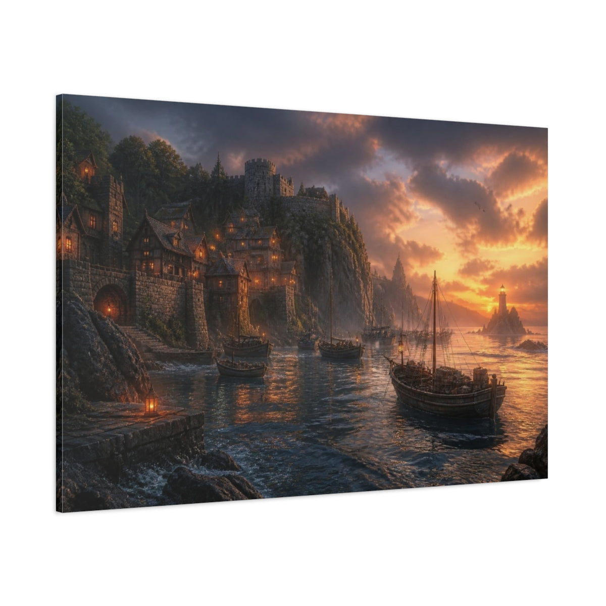 Side Mockup 1. Coastal Landscape At Sunset shown as canvas print