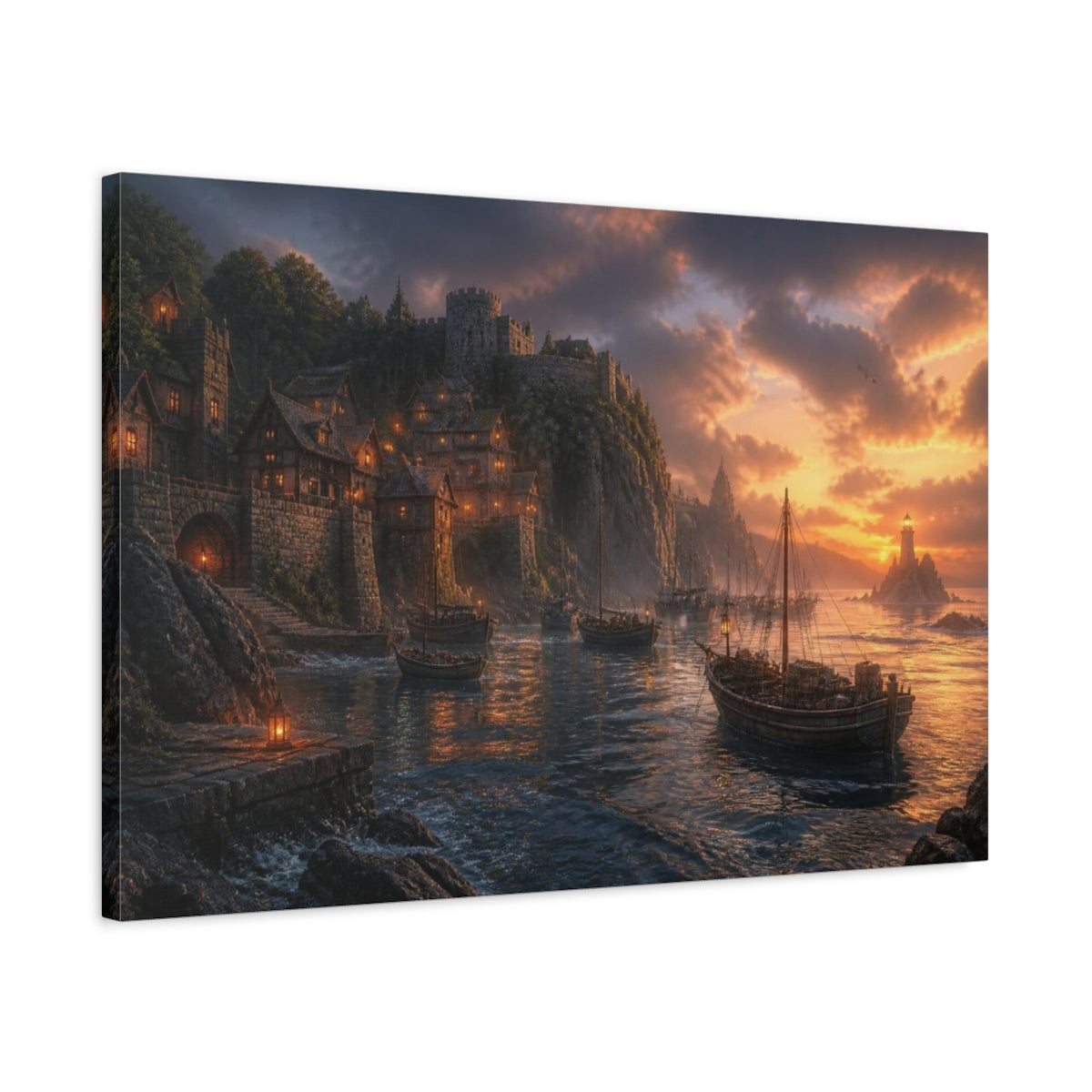Side Mockup 2. Coastal Landscape At Sunset shown as canvas print