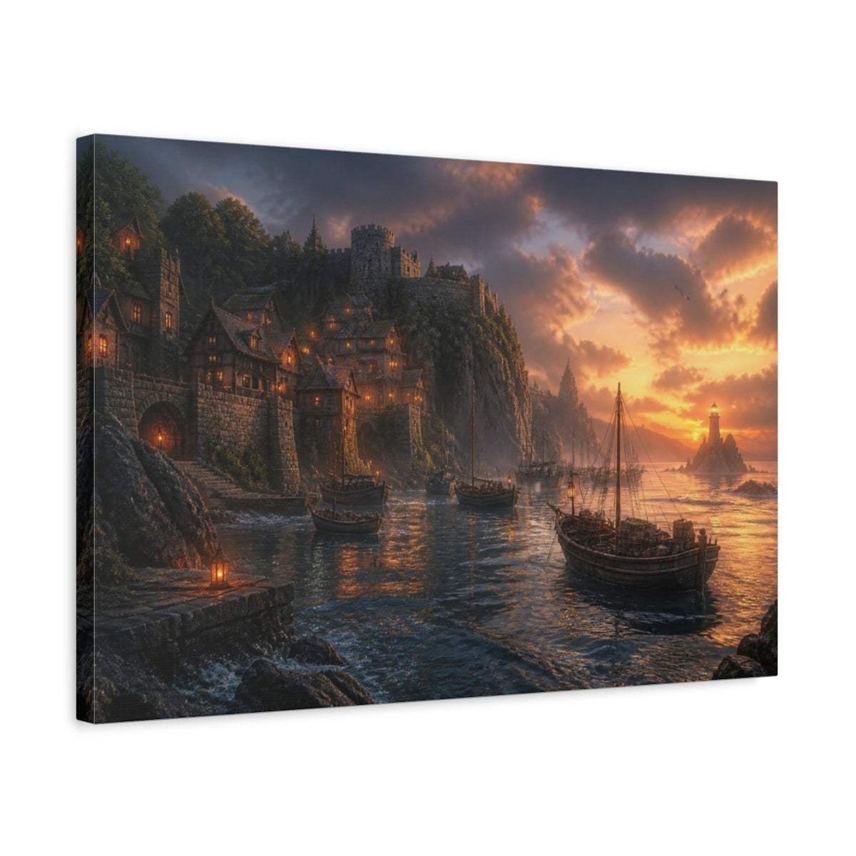 Side Mockup 3. Coastal Landscape At Sunset shown as canvas print