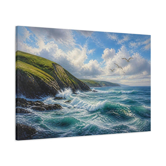 Main Mockup. Coastal Landscape With Seagulls shown as canvas print
