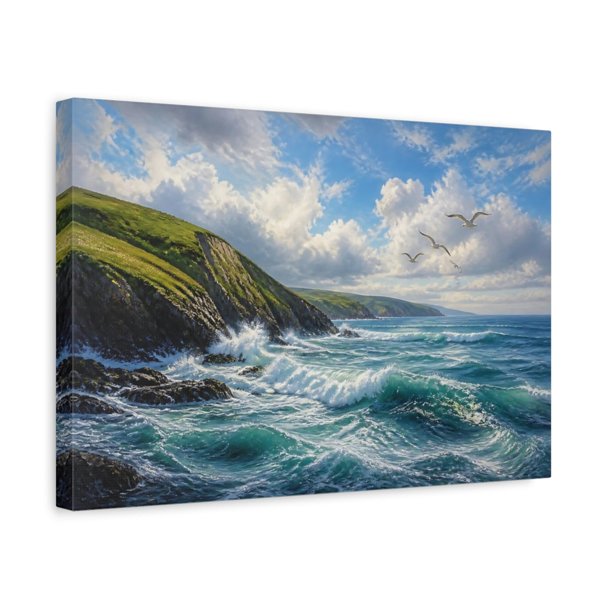 Side Mockup 4. Coastal Landscape With Seagulls shown as canvas print