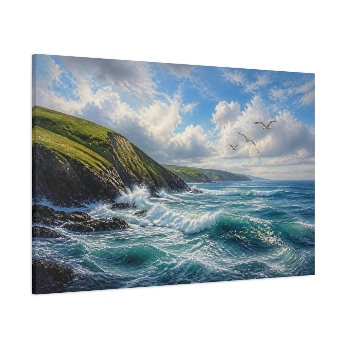 Side Mockup 1. Coastal Landscape With Seagulls shown as canvas print