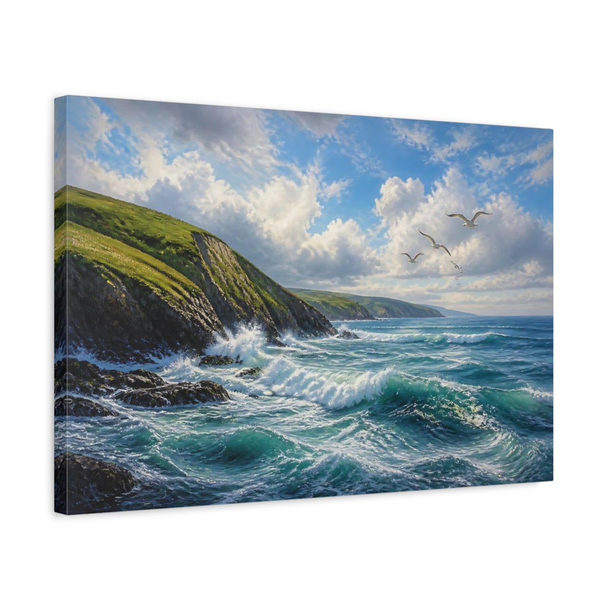 Side Mockup 3. Coastal Landscape With Seagulls shown as canvas print