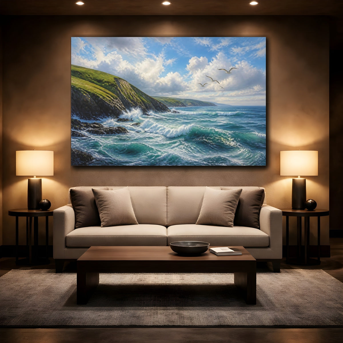 Mockup 2. Coastal Landscape With Seagulls shown as canvas print