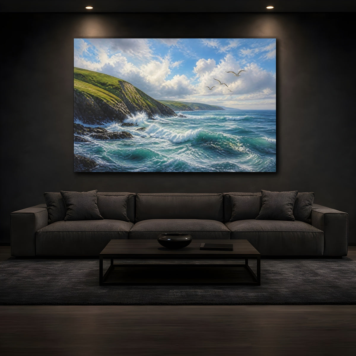 Mockup 3. Coastal Landscape With Seagulls shown as canvas print