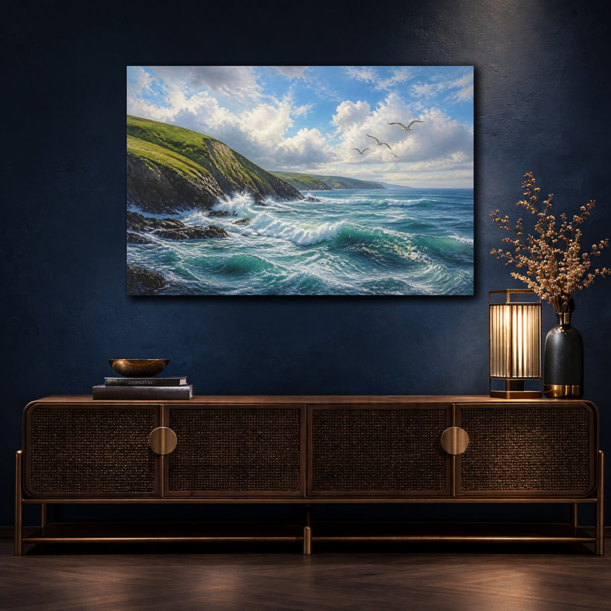 Mockup 4. Coastal Landscape With Seagulls shown as canvas print