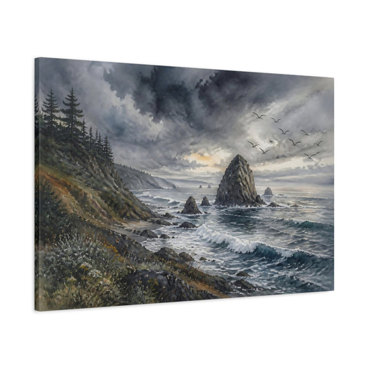 Main Mockup. Coastal Sea Stack Landscape shown as canvas print