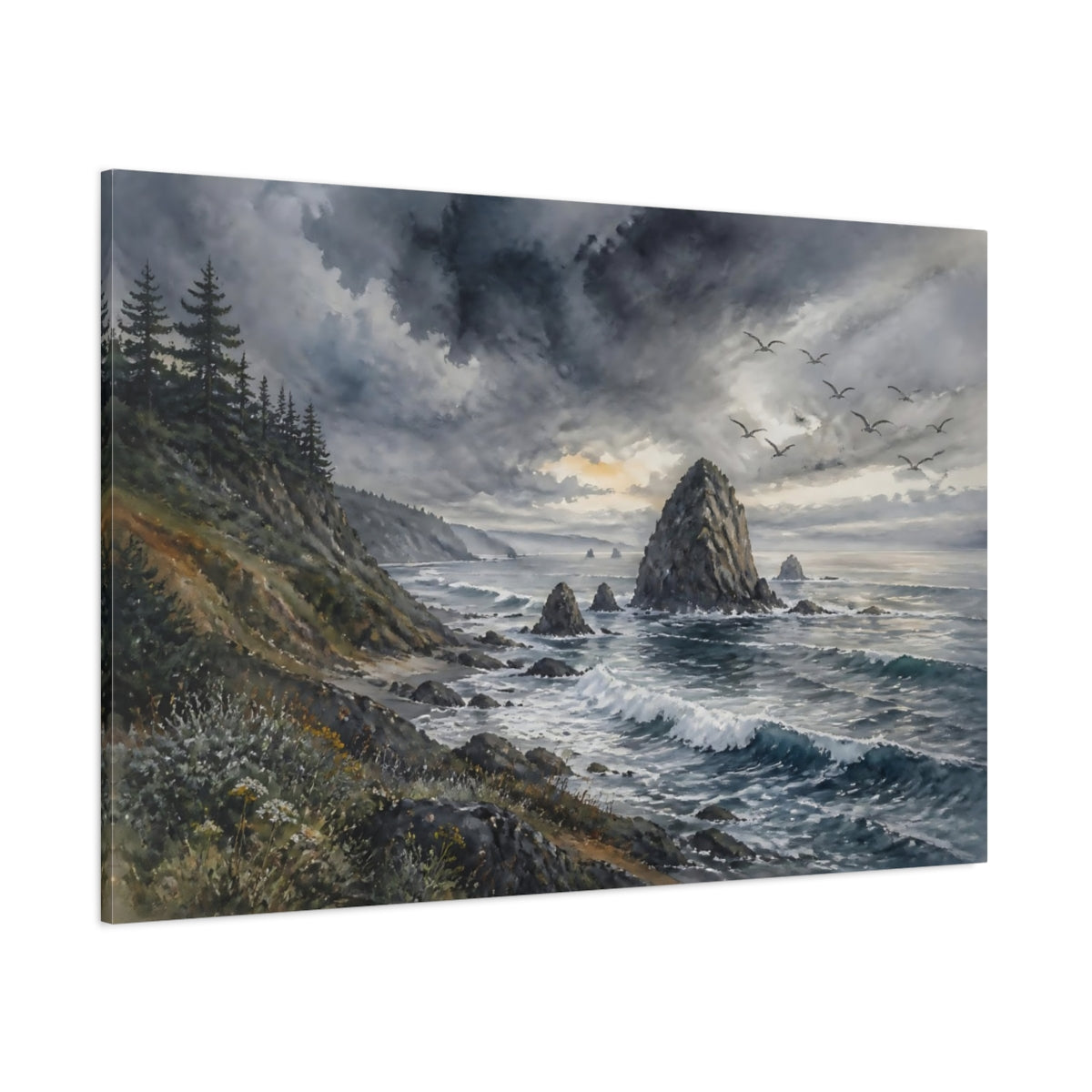 Side Mockup 1. Coastal Sea Stack Landscape shown as canvas print
