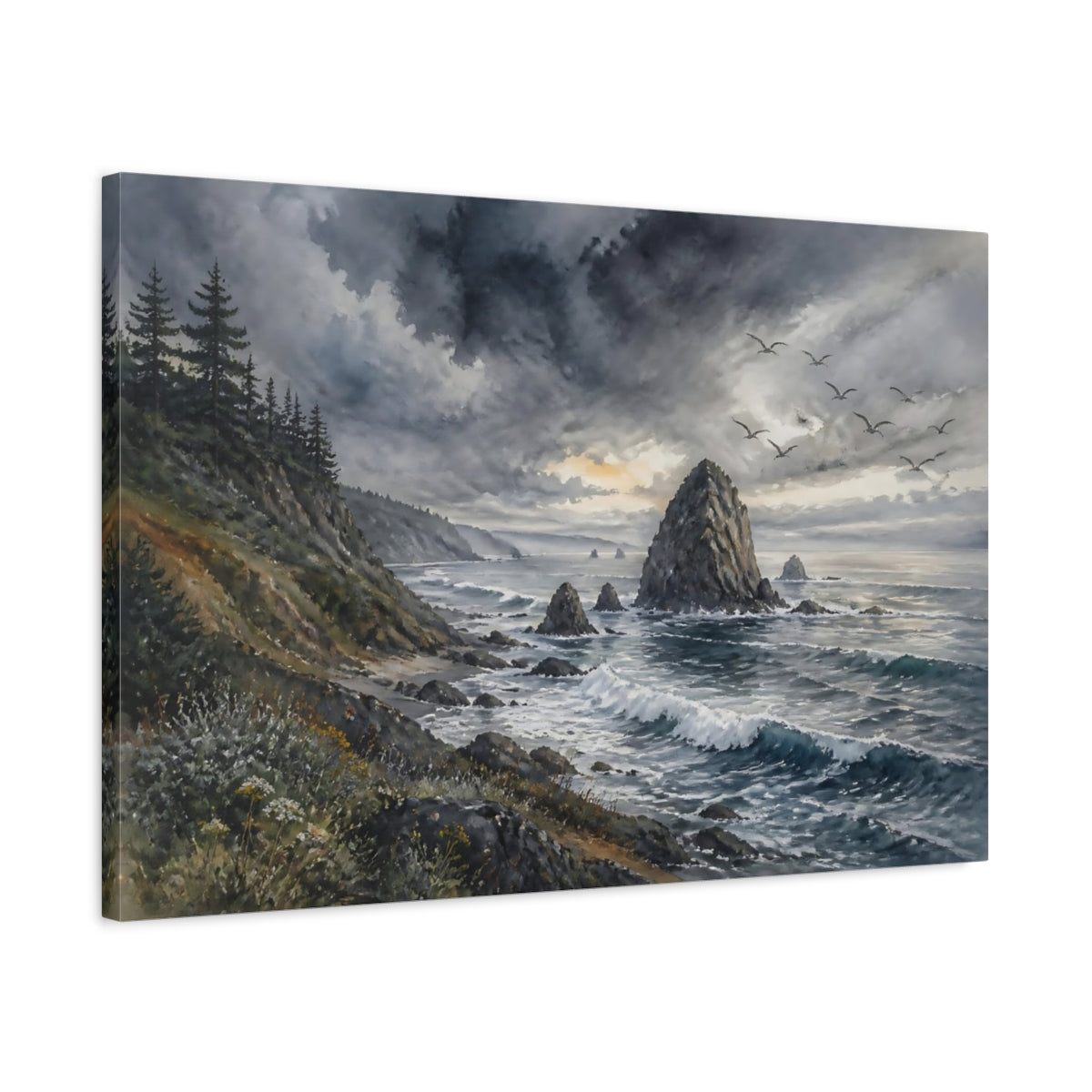 Side Mockup 2. Coastal Sea Stack Landscape shown as canvas print