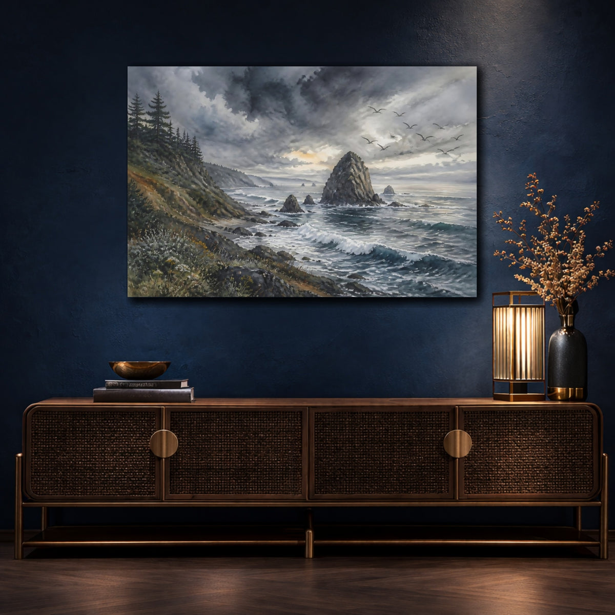 Mockup 4. Coastal Sea Stack Landscape shown as canvas print