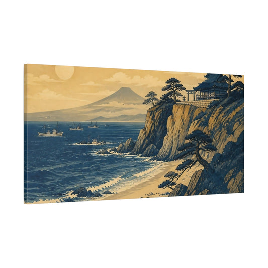 Main Mockup. Coastal Shrine With Mt Fuji shown as canvas print