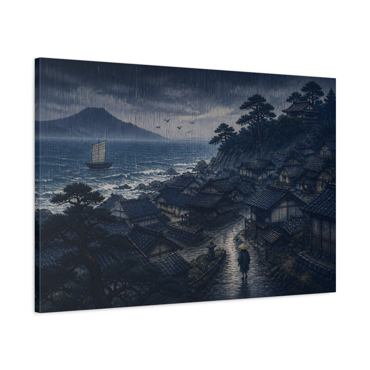 Main Mockup. Coastal Village In Rain shown as canvas print