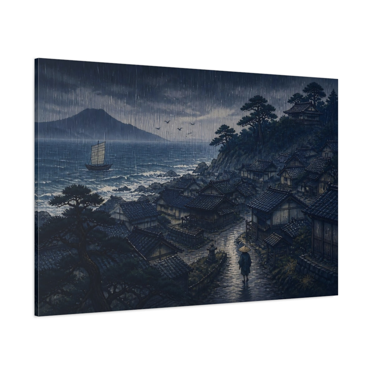 Side Mockup 1. Coastal Village In Rain shown as canvas print