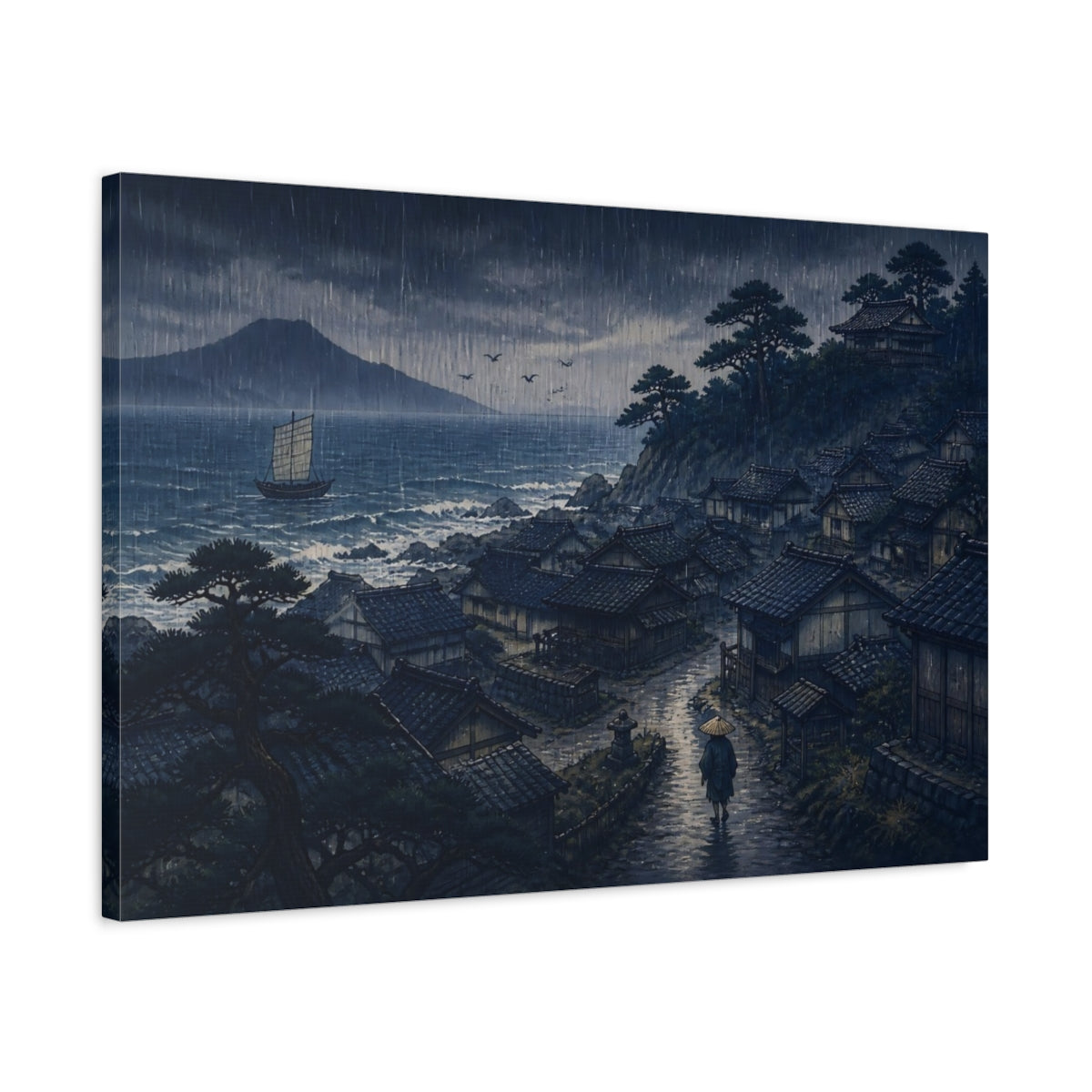 Side Mockup 2. Coastal Village In Rain shown as canvas print