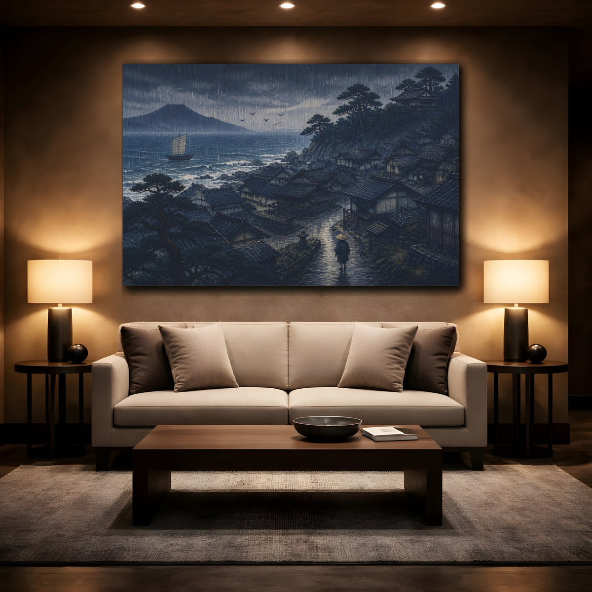 Mockup 2. Coastal Village In Rain shown as canvas print