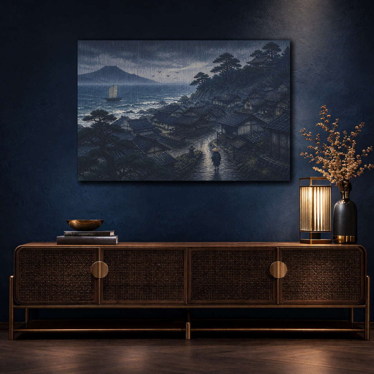 Mockup 4. Coastal Village In Rain shown as canvas print