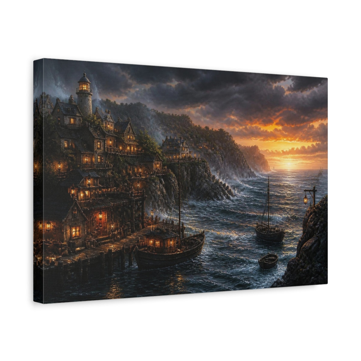 Side Mockup 4. Coastal Village Landscape shown as canvas print