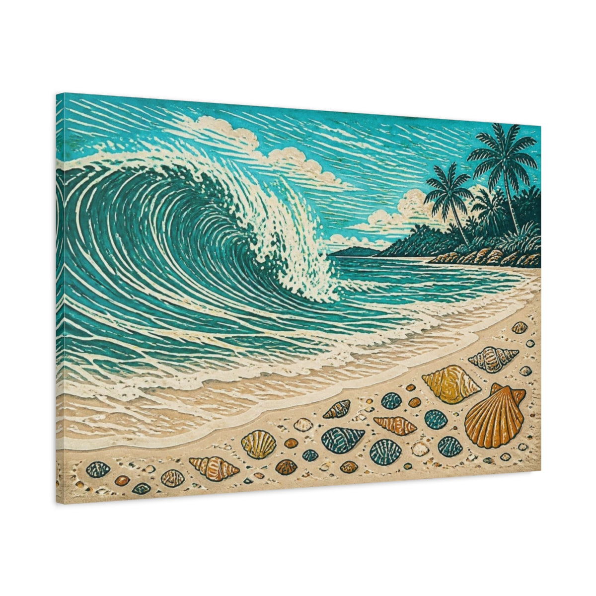 Main Mockup. Coastal Wave And Shells shown as canvas print