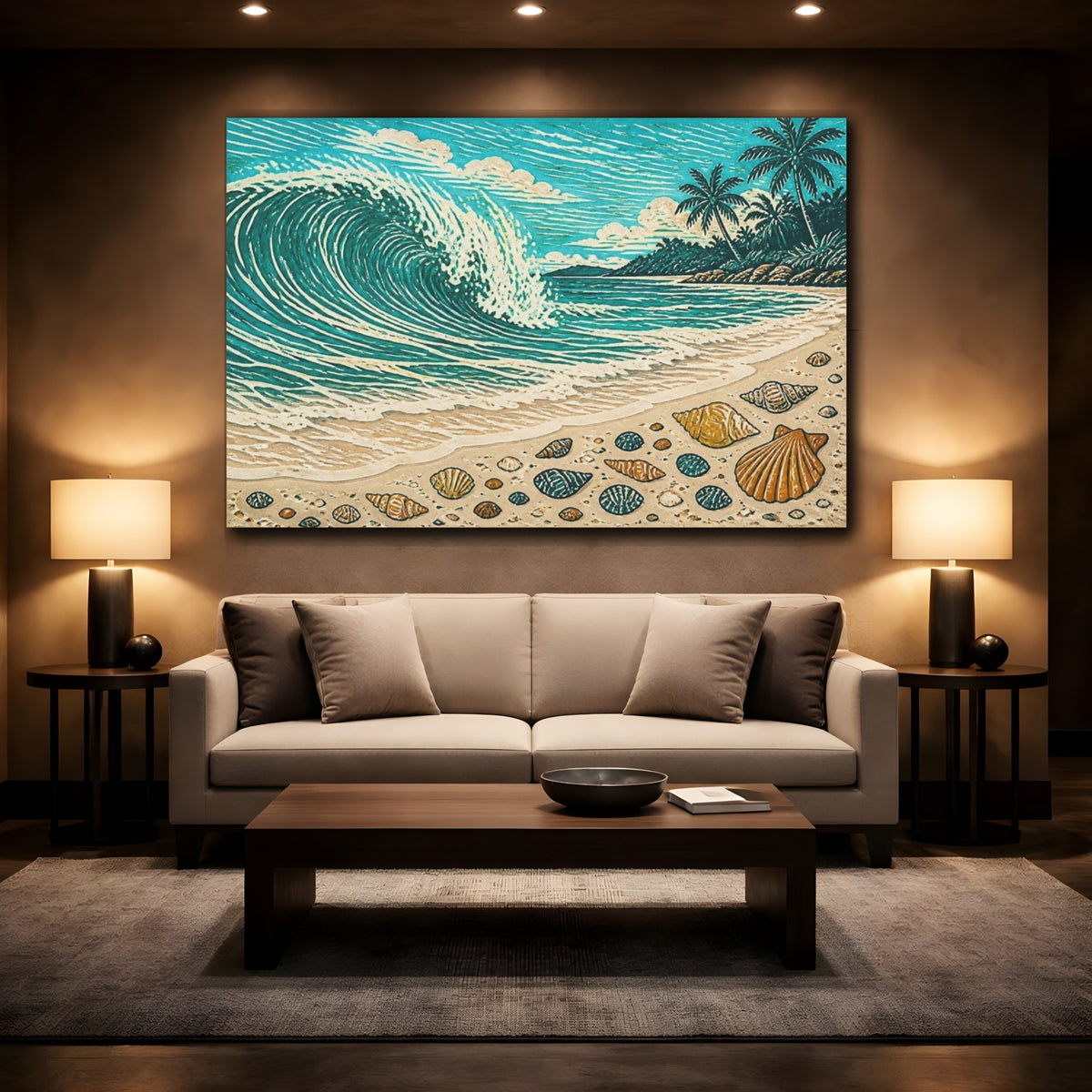Mockup 2. Coastal Wave And Shells shown as canvas print