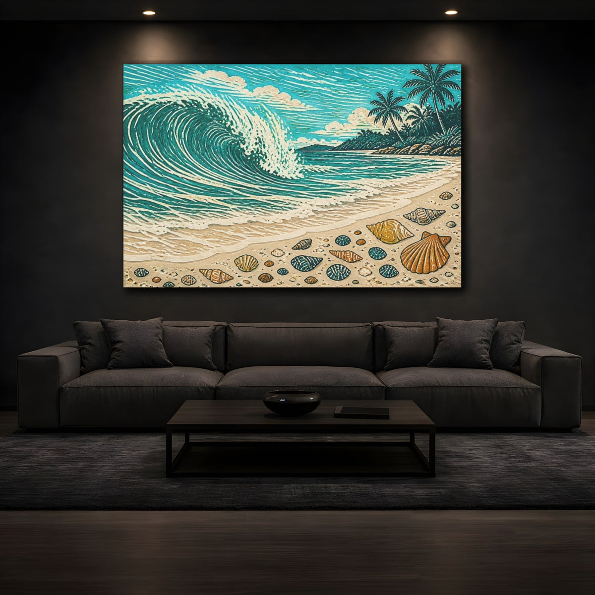 Mockup 3. Coastal Wave And Shells shown as canvas print
